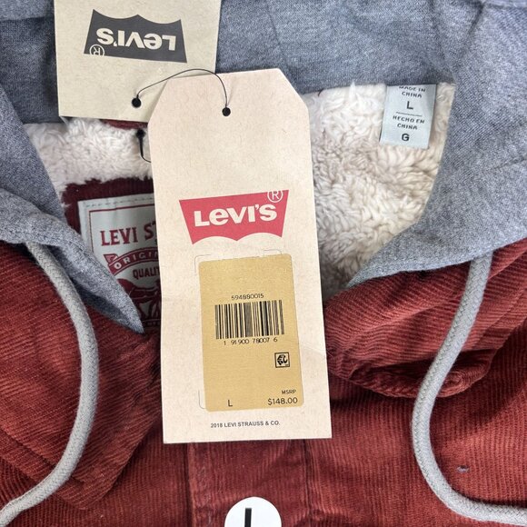 Levis Corduroy Sherpa-Lined Jacket With Hood Size Large Red & Gray - Picture 7 of 13